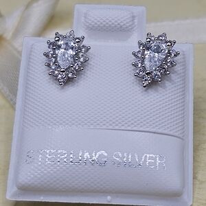 Sterling Silver 925 Rhodium Plated CZ Teardrop Stud Earrings